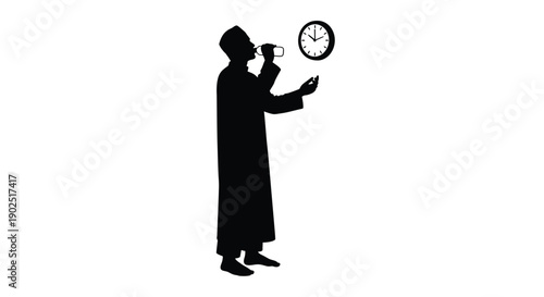 Man speaking into a device with a clock distinct silhouette