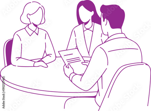 Three people sitting around a table engaged in discussion and collaboration. Vector, illustration