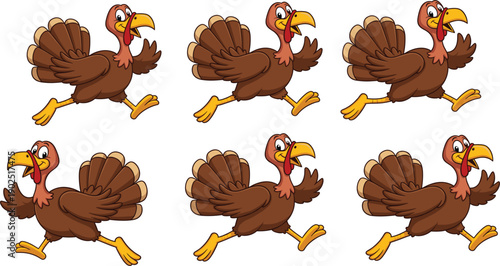 Collection of cheerful cartoon turkey characters featuring active running poses and happy expressions for Thanksgiving holiday decorations farm animal branding and children storybook vector design