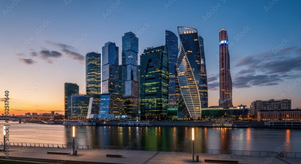 Fototapeta premium Modern city skyline at dusk with illuminated skyscrapers and river reflection