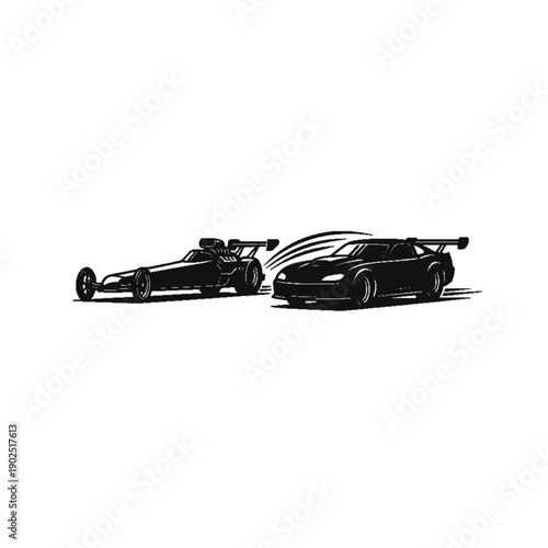 Racing Speed and Aerodynamics: Two sleek, high-performance race cars speeding across the track, embodying the raw power and precision of motorsport competition.