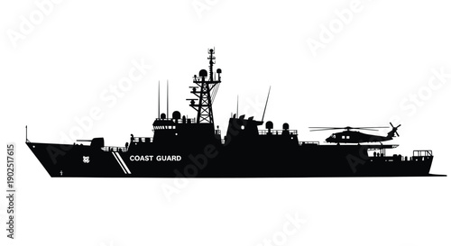 Black silhouette of a coast guard vessel with helicopter detailed silhouette