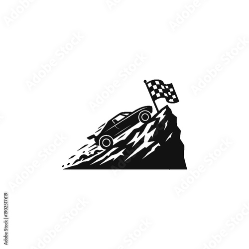 Race to the Summit: A determined race car, symbolizing speed and ambition, conquers a rocky mountain, its checkered flag waving proudly at the summit.