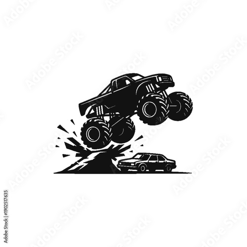 Monster Truck Soaring: A powerful black monster truck leaps dramatically over a car, showcasing raw power and the thrill of a stunt, and adrenaline rush.