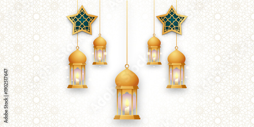 Realistic 3D design of a golden vintage Arabic lantern. Horizontal Ramadan banner, blank poster template, website header. Vector