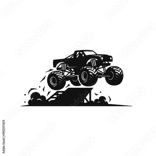 Monster Truck Silhouette Soaring High: A powerful monster truck, rendered in sleek silhouette, fearlessly conquers a ramp, embodying raw power, speed, and thrilling action.