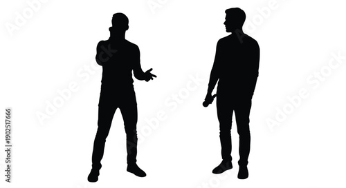 Two men in conversation depicted as a striking black silhouette