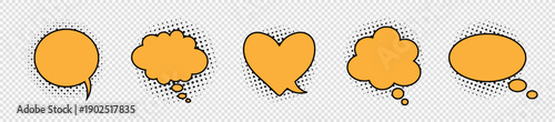 A set of five orange speech bubbles and clouds of thoughts in different shapes for comics, conversations, and idea presentations. A collection of speech bubbles with elements of explosions from comics