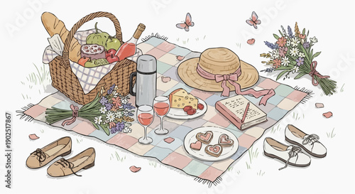 Outdoor picnic setup with food basket drinks and desserts on colorful blanket