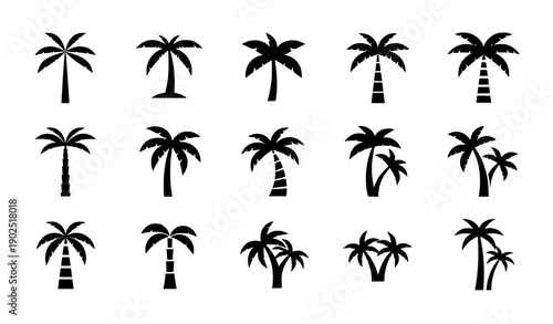 Minimal Black Coconut Palm Tree Icons Vector Set for Eco and Healthy Lifestyle