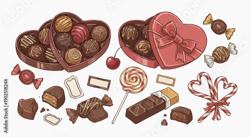 Assorted chocolates and candies in heart shaped boxes and on a white background