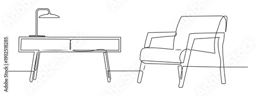 A minimalist single line art illustration of a modern home office interior featuring a desk with a desk lamp and a comfortable chair. The drawing style is continuous monoline
