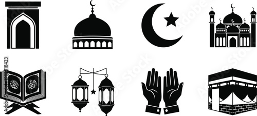 Ramadan silhouette icons set mosque crescent moon star quran lanterns kaaba silhouette