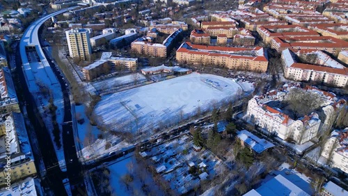 Berlin urban landscape winter football field. Fabulous aerial view drone