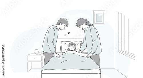Parents Gently Tuck Child Into Bed for Sleep While Caring for Them in Cozy Bedroom Setting