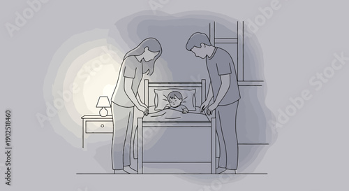 Parents Standing Beside Child In Bed At Night Offering Comfort And Presence During Difficult Time Or Illness