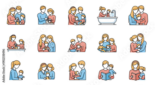 Collection of Stylized Icons Depicting Diverse Family Moments and Activities Such As Bonding And Daily Life Routines