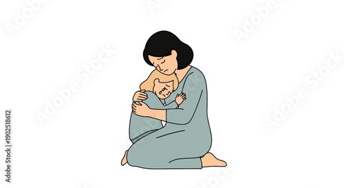 Mother comforting distressed child in warm embrace providing reassurance and security on white background