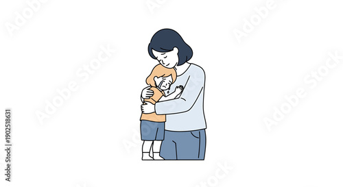 Loving mother embraces her young child with care and tenderness fostering a strong family bond in a gentle illustration style for emotional