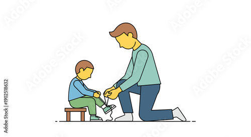 Parent Helping Child Learn To Tie Shoelaces Father Mentoring Youngster On Simple Task Developing Independence Skills For Growing Kid Daily Activity
