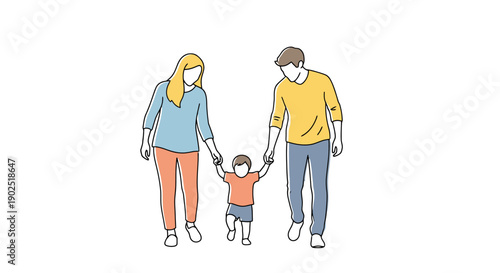 Diverse Parents Holding Hands Guiding Small Child Walking Forward Together Concept Of Family Bonding And Development With Simple Line Art Style