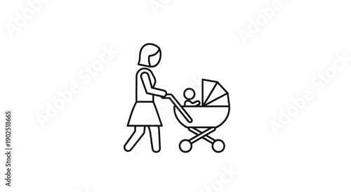 Parent Pushing Perambulator With Infant Outdoors Representing Family Care And Daily Routine Simple Line Art Style