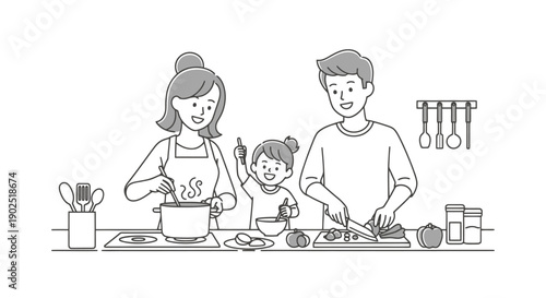 Happy Family Cooking Together In A Kitchen Scene With Mom Dad And Child Preparing Food Meal Preparation Activity At Home Lifestyle