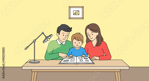 Parents And Child Reading Open Book Together At Desk With Lamp Illuminated Wall Art Above In Cozy Home Environment