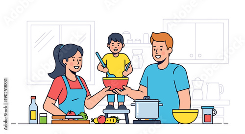 Happy family preparing healthy food together in a modern kitchen surrounded by fresh ingredients and cooking utensils for a wholesome meal experience