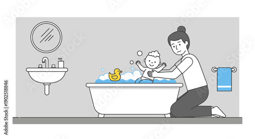 Parental Care For Newborn Infant In Bathtub With Rubber Duck And Bubbles During Evening Routine For Cleanliness And Hygiene
