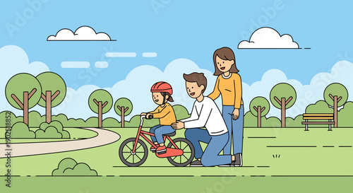 Parents patiently teach child to ride bicycle outdoors in green park on sunny day with blue sky and clouds making family outdoor activity enjoyable