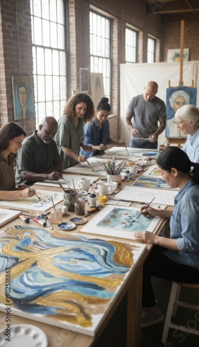 Diverse adult participants creating paintings together in open creative workshop. scattered art materials and soft diffused light form dynamic art-photo scene, collective expression and individuality
