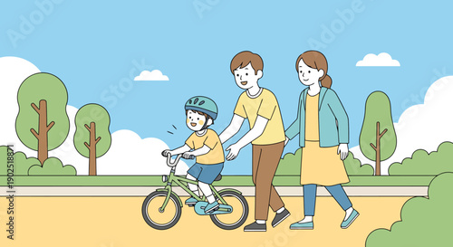 Father Teaches Son To Ride Bicycle In Park With Mother Supporting Family Outdoor Activity Learning Sport Childhood Growth Safe Outdoor Fun Summer Day