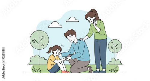 Parents comfort distressed child with empathy and supportive gestures in a serene outdoor setting full of nature elements and soft clouds providing a