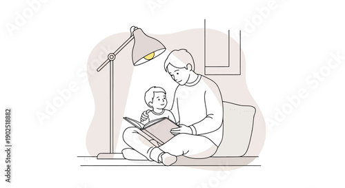 Father and child reading a book together illuminated by a desk lamp creating a warm intimate moment of shared learning and imagination
