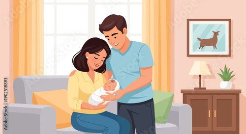 Loving parents embrace newborn baby in cozy home setting celebrating new family life and joy with tenderness and affection