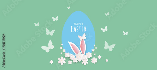 Happy Easter banner with rabbit ears, flowers and a butterfly on a green background with a blue egg. A greeting card. Vector illustration.