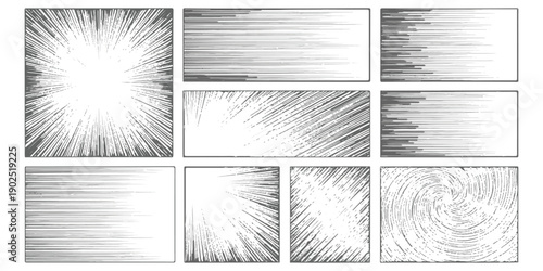 A collection of nine black and white comic book speed lines and action effects backgrounds for manga and graphic design projects