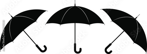 Black rain umbrella silhouettes isolated on white background, open parasol side and front view protection icon set