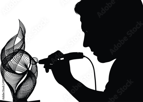 Black silhouette man blowing into a blowing torch flame person