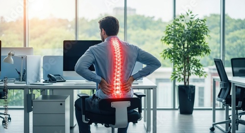 Office worker suffering lower back pain with highlighted spine discomfort from poor posture at desk.