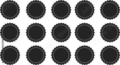 Black tire silhouettes seamless pattern isolated on white background, repeating wheel tread icons, automotive vector illustration design