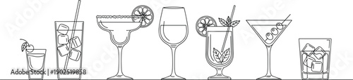 Minimalist line art cocktail glasses collection featuring margarita, martini, wine, mojito, whiskey and iced drinks, continuous outline vector illustration isolated on white background for design