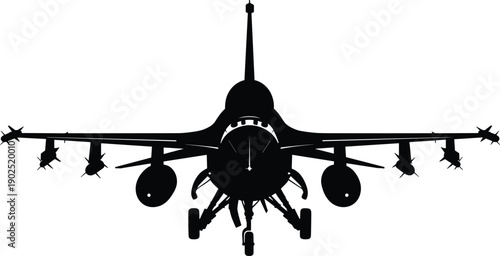 Front view fighter jet silhouette with missiles and landing gear, military aircraft vector illustration isolated on white background, aviation defense concept for security, power