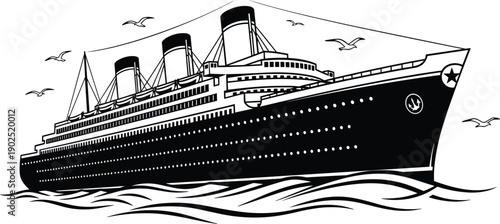 Vintage ocean liner cruise ship silhouette sailing on sea waves with flying seagulls, classic passenger steamship vector illustration isolated on white background for travel, maritime, transportation 