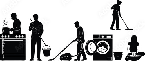 Household chores and home activities silhouettes with cleaning cooking laundry isolated vector illustration domestic lifestyle routine set
