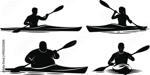 Kayaking silhouettes set with paddlers in canoe isolated vector illustration water sport adventure outdoor recreation activity collection