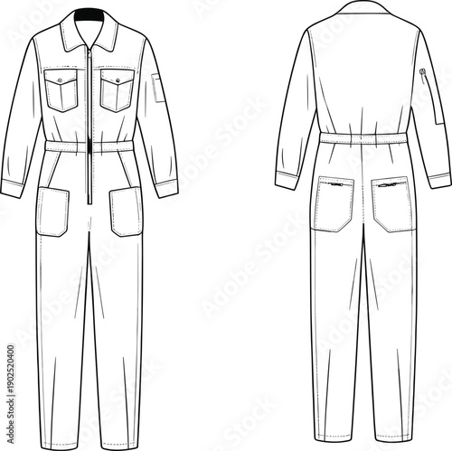 Workwear jumpsuit technical drawing, front and back view, industrial coverall fashion flat sketch isolated on white background vector