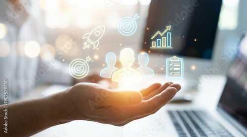 Business professional hand with digital CRM interface object performing client data management action through marketing technology in corporate environment.