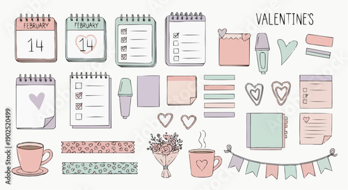 Valentine's day stationery and office supplies illustrations with hearts and pastel colors